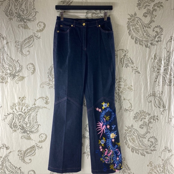 Rare Vintage Escada Black Stretch DenimDragon Embroidered Flared Jeans